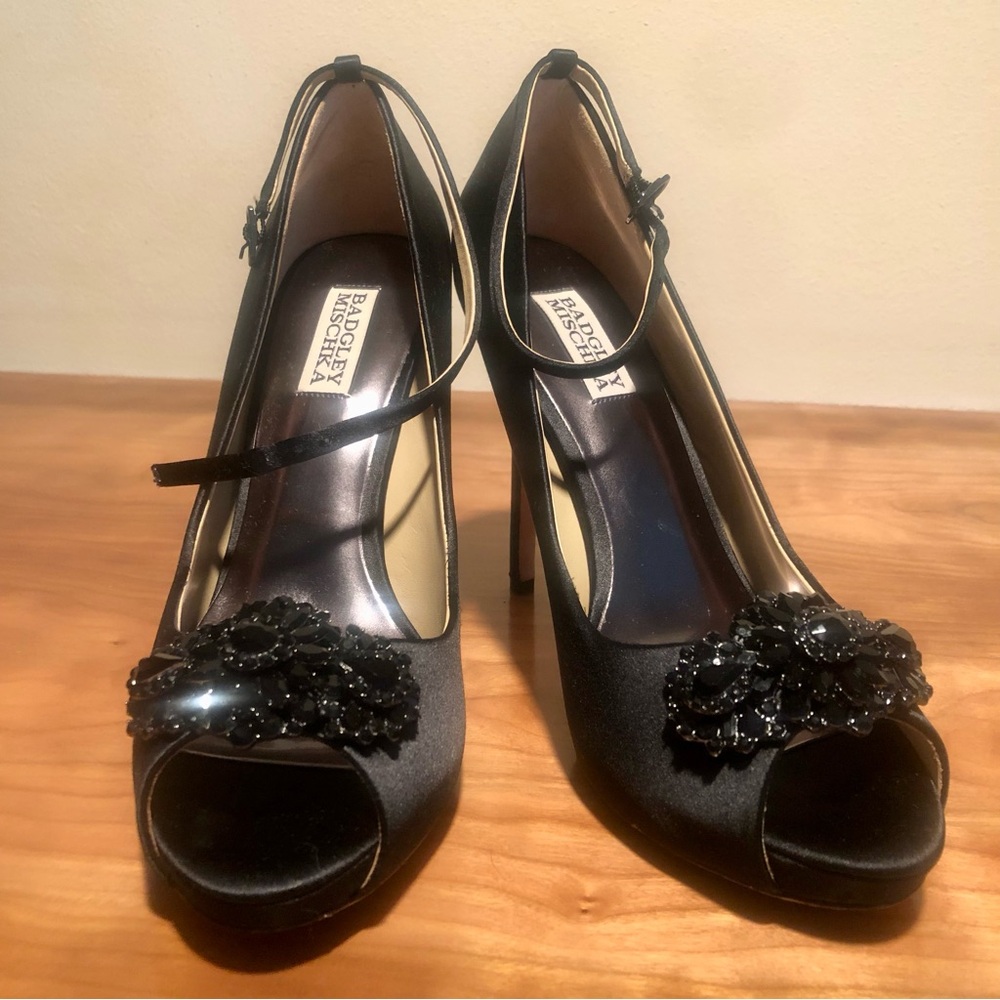 Badgley Mischka Dallas Peep Toe Black Satin Heels